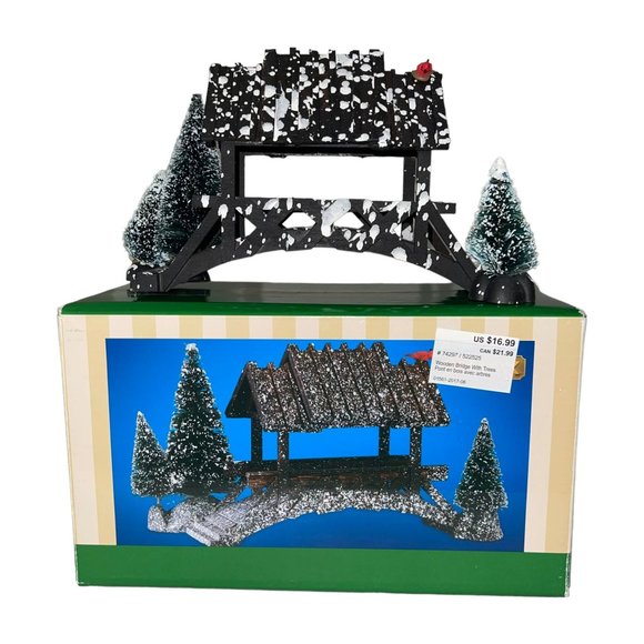 Vtg Lemax Wooden Bridge With Trees Chrstmas Village Table Accent Snow Holiday - Picture 1 of 12